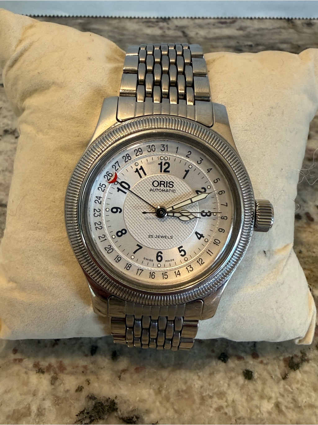 Oris Silver Dial Stainless Steel Bracelet Watch With Red Date Pointer